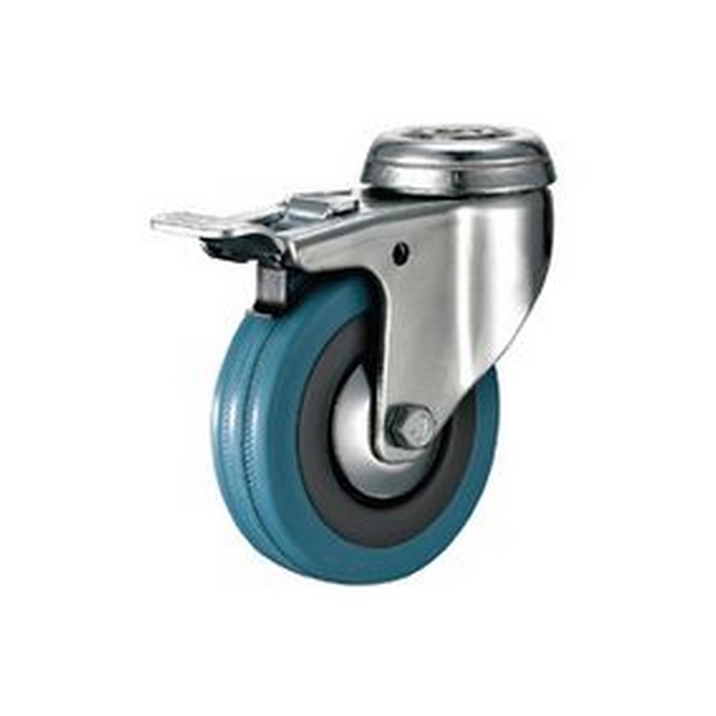 Castor Wheels - Blue Rubber - Bolt Hole Swivel - Brake - 100mm - TOOC443