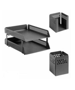 Desk Set - Round Perforated Steel Range - Metal - Letter Tray, Pencil Cube and Cup - Colour Options - 812BL