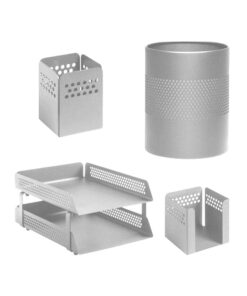 Desk Set - Round Perforated Steel Range - Metal - Letter Tray, Waste Bin, Pencil Cube and Cup - Silver - 810SI