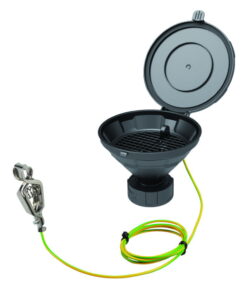 SCAT Funnel with lid "MARCO", V2.0, S60/61, PE-HD electrostatic conductive, Ø 140 mm, with removable sieve and earthing cable