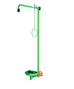 B-Safety Body Emergency Shower ClassicLine with Eye Shower for Wall Mounting with Collecting Basin, Stainless Steel, Green
