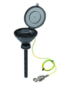 SCAT Funnel with lid "MARCO", V2.0, S55, 140 mm, PE-HD electrostatic conductive, with lance 220 mm, with removable sieve and earthing cable