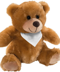 Medium size soft plush teddy bear. Branding will be printed on the scarf